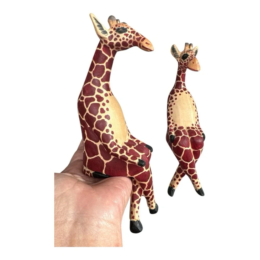2 Hand Carved Wooden Giraffe Shelf Sitter Figurine African Safari Animal Decor